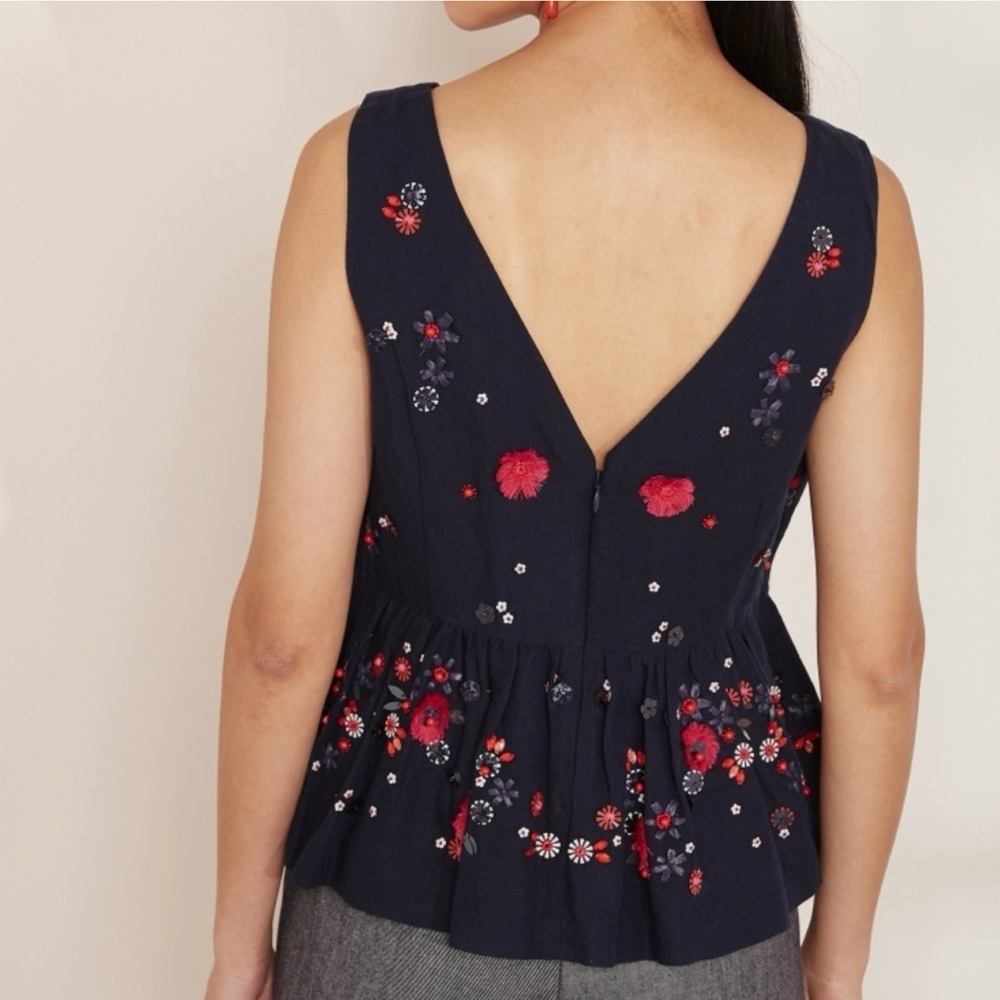 NWT J. Crew Navy Blue Hand Embellished Linen/ Cotton Peplum Tank Size 4 - Picture 9 of 13